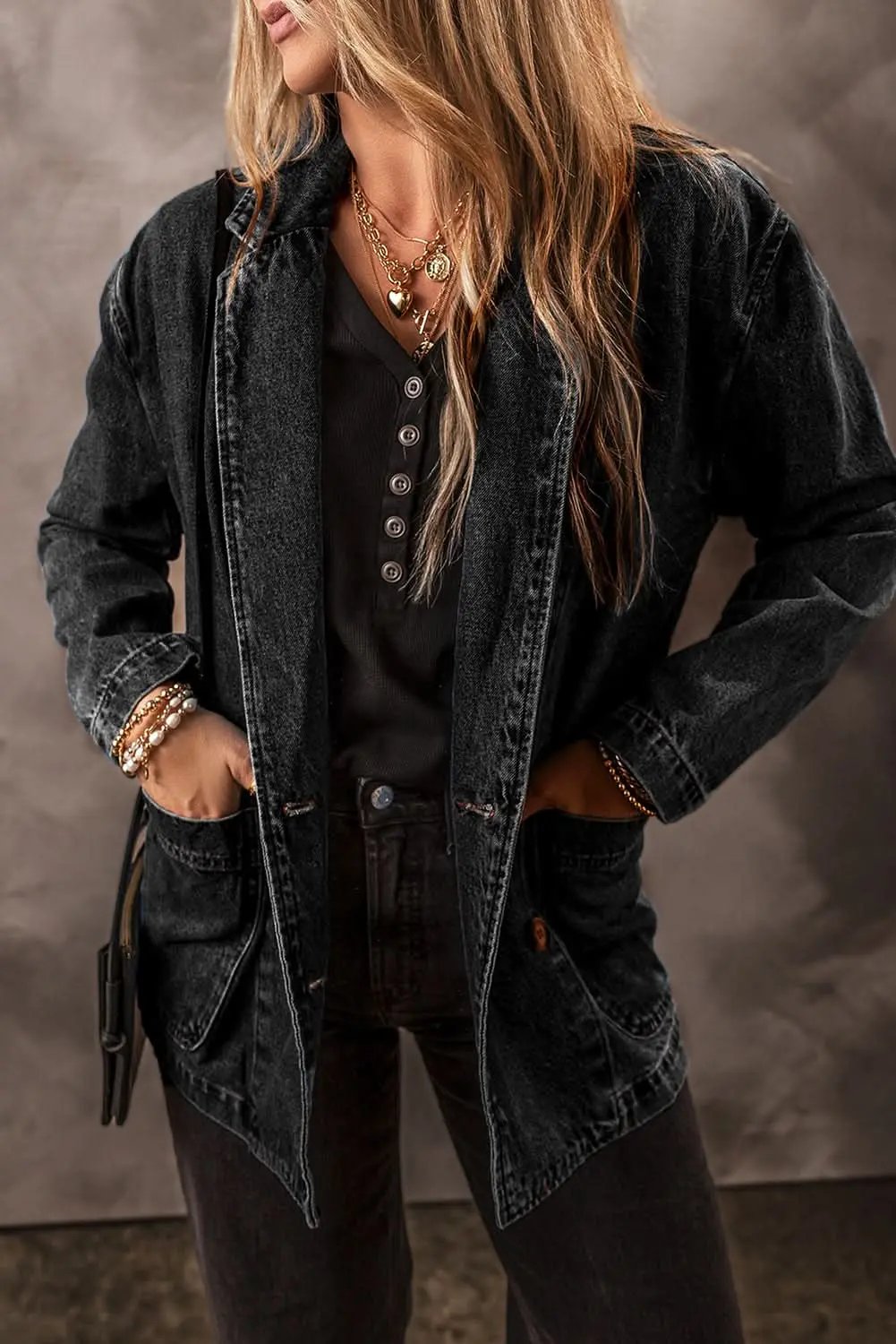Jackets Love Salve Black Denim Jacket Women's Daily Casual Lapel Collar Side Pockets