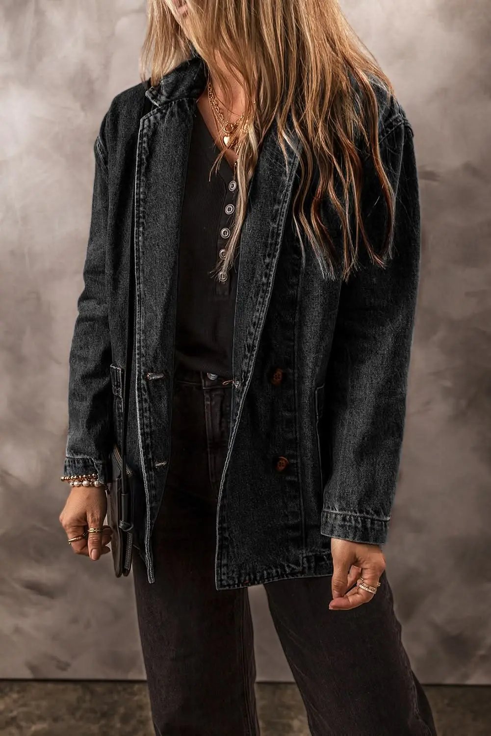 Jackets Love Salve Black Denim Jacket Women's Daily Casual Lapel Collar Side Pockets
