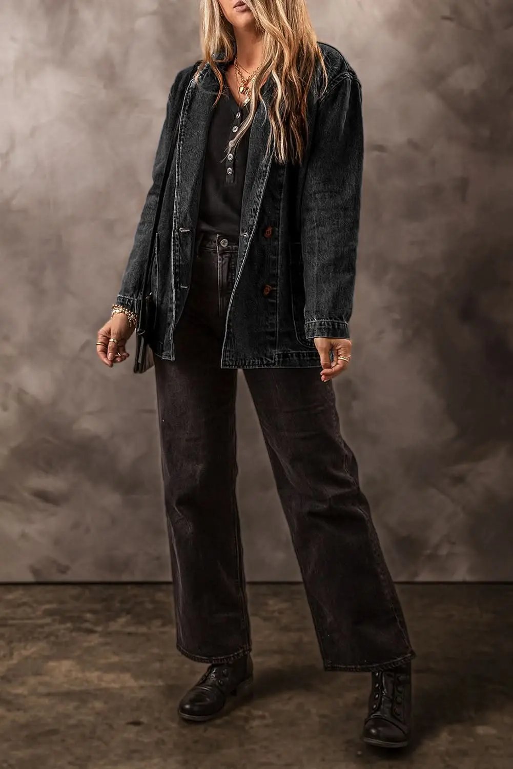 Jackets Love Salve Black Denim Jacket Women's Daily Casual Lapel Collar Side Pockets
