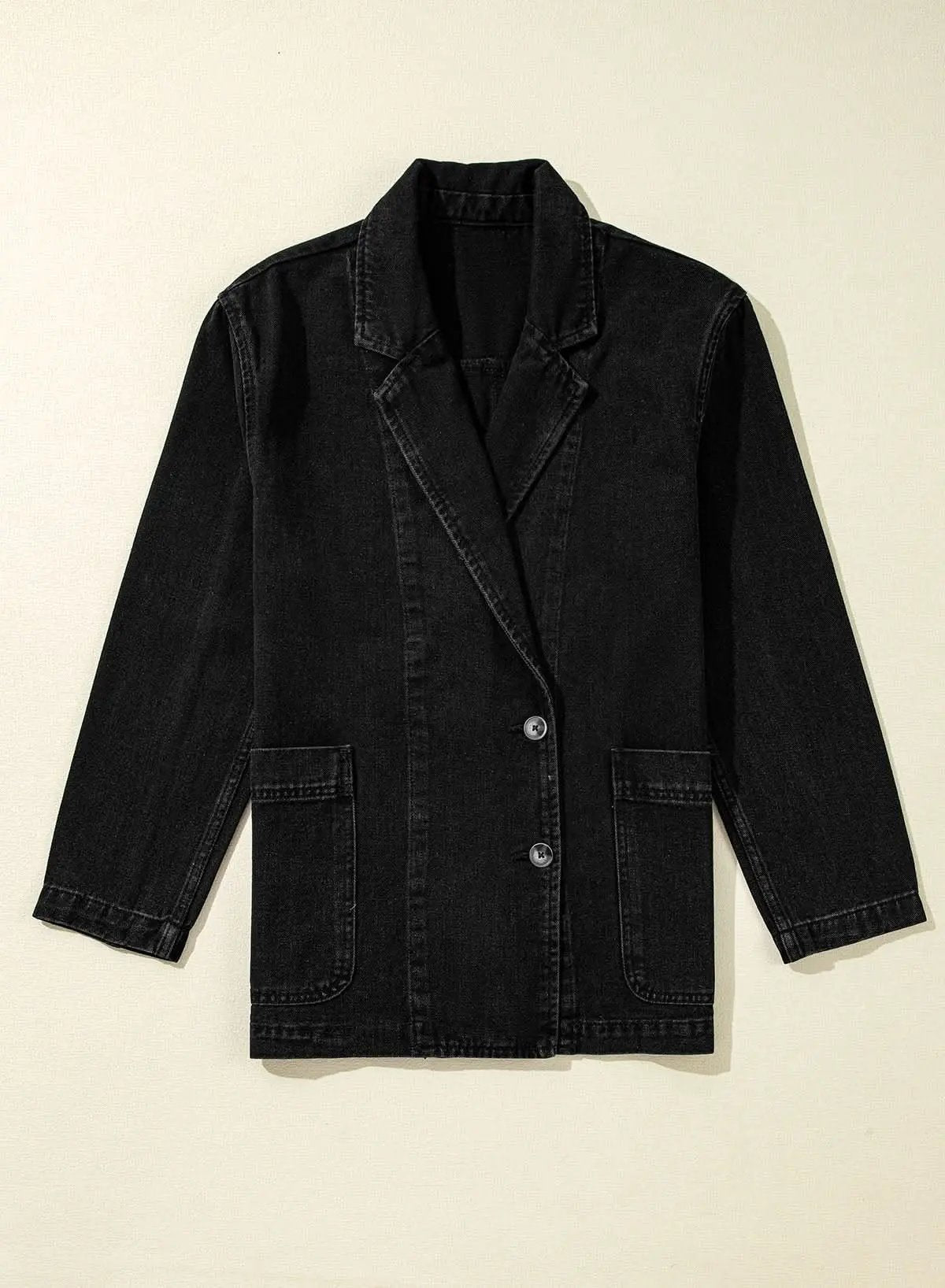 Jackets Love Salve Black Denim Jacket Women's Daily Casual Lapel Collar Side Pockets