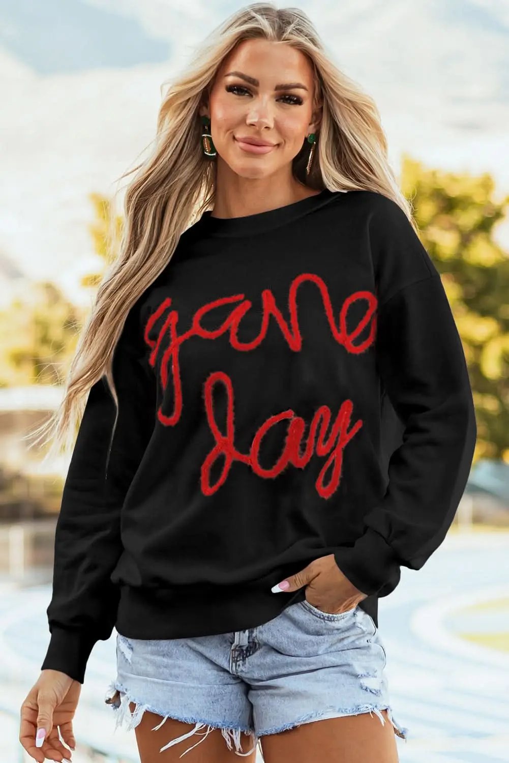 Women's Sweatshirt - Black Tinsel Graphic Game Day - Drop Shoulder Casual