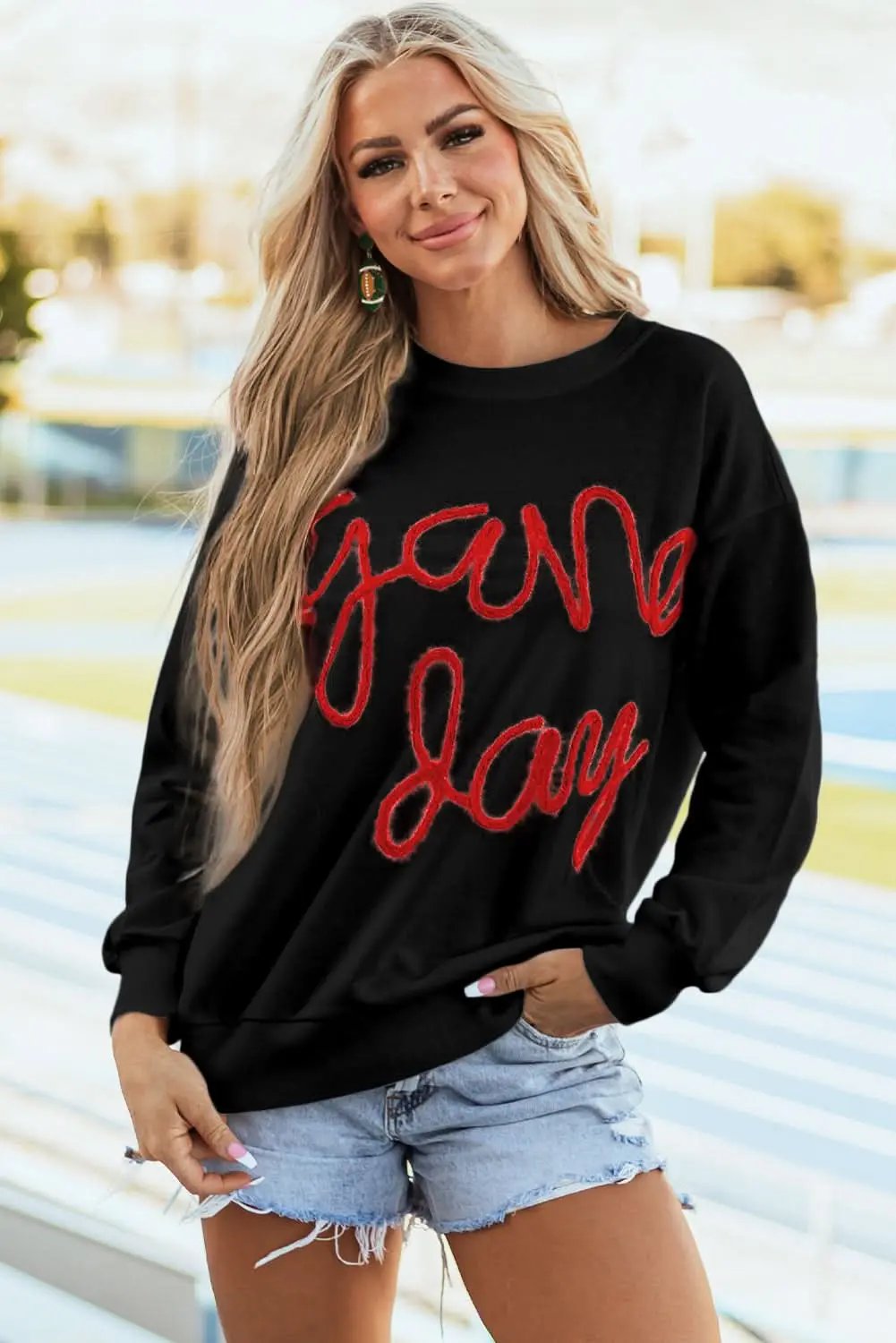 Women's Sweatshirt - Black Tinsel Graphic Game Day - Drop Shoulder Casual