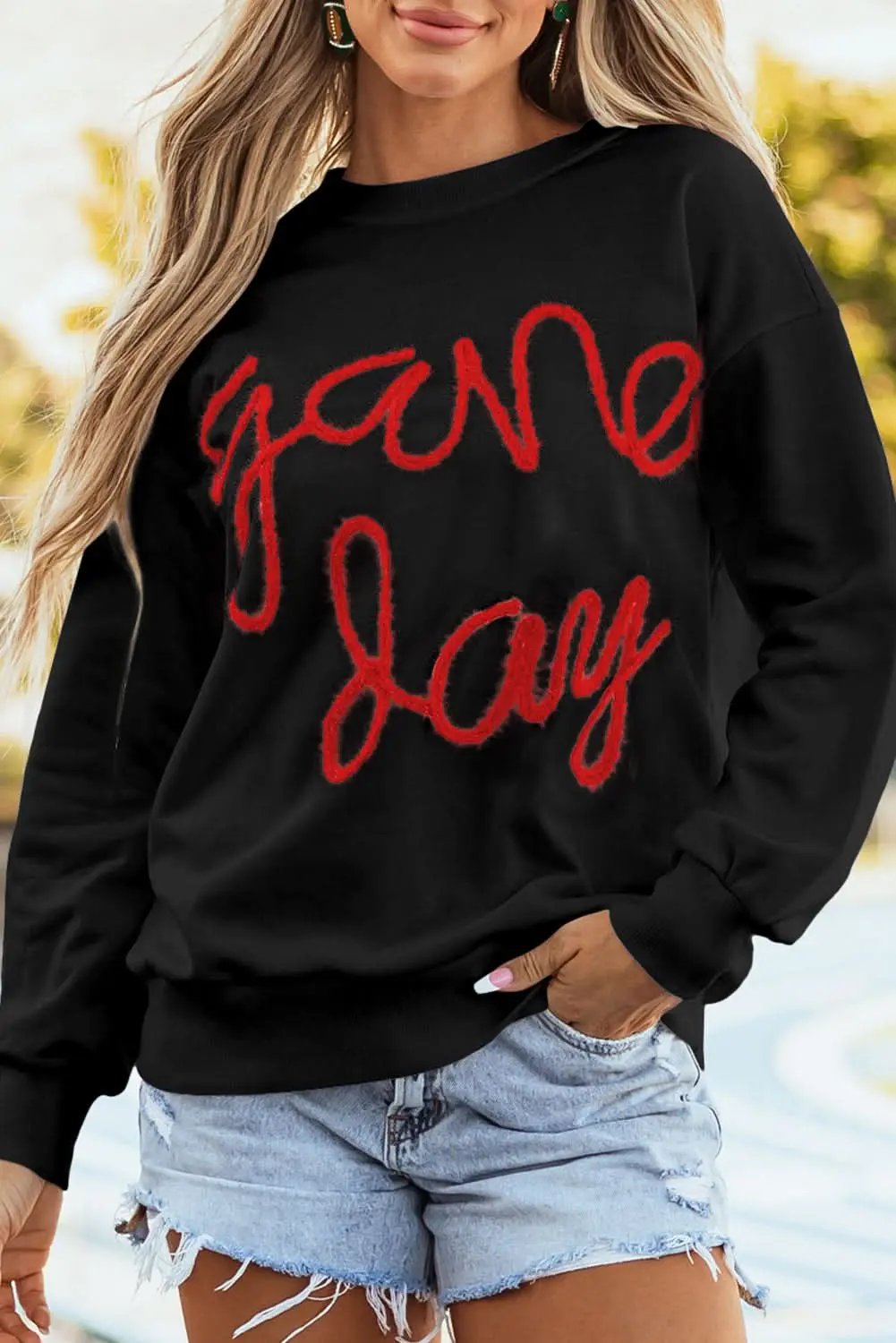 Women's Sweatshirt - Black Tinsel Graphic Game Day - Drop Shoulder Casual