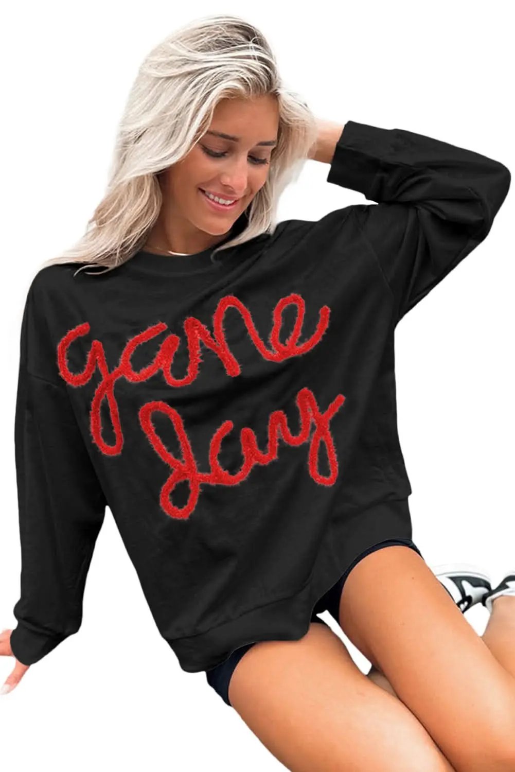 Women's Sweatshirt - Black Tinsel Graphic Game Day - Drop Shoulder Casual
