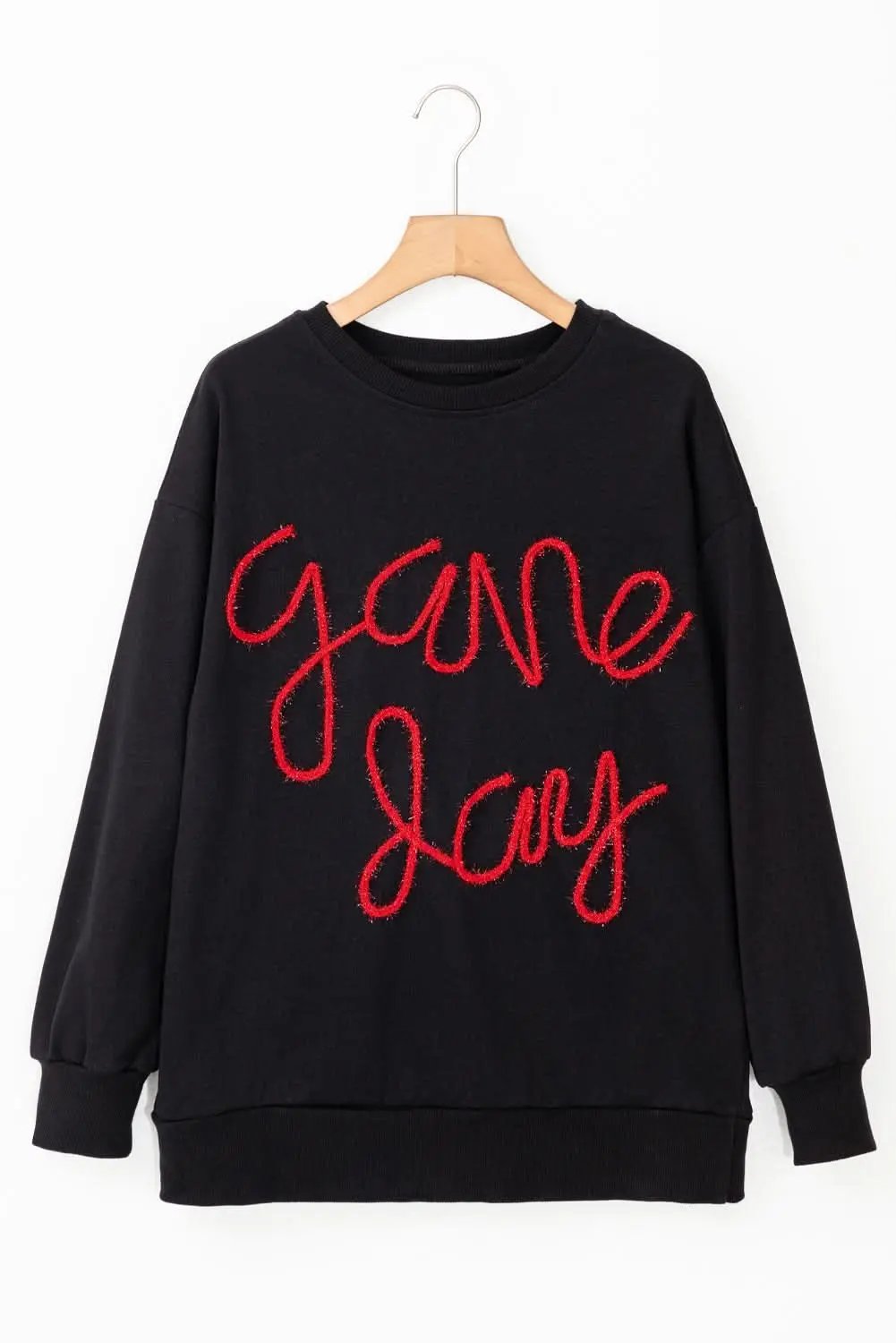 Women's Sweatshirt - Black Tinsel Graphic Game Day - Drop Shoulder Casual