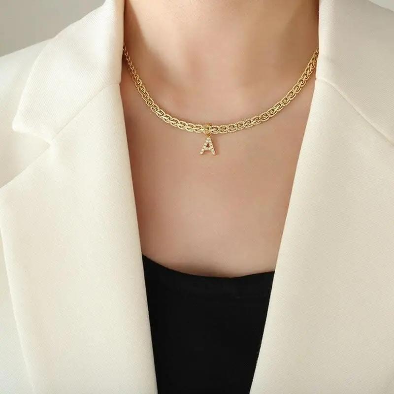 T-Shirts Trendsi Necklaces - Brass zircon letter pendant necklace