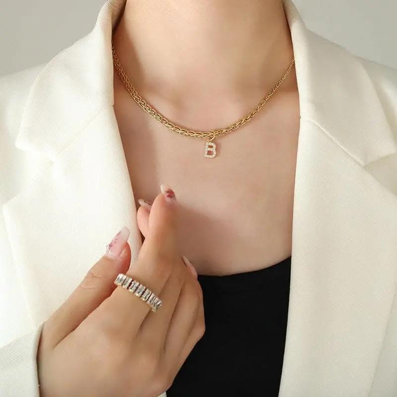 T-Shirts Trendsi Necklaces - Brass zircon letter pendant necklace