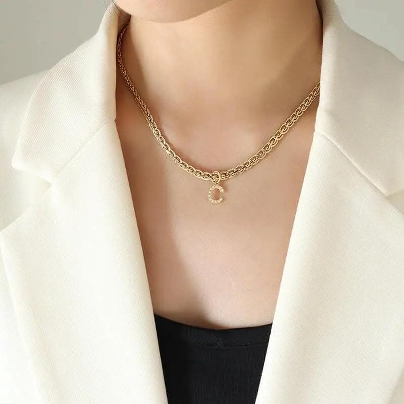 T-Shirts Trendsi Necklaces - Brass zircon letter pendant necklace