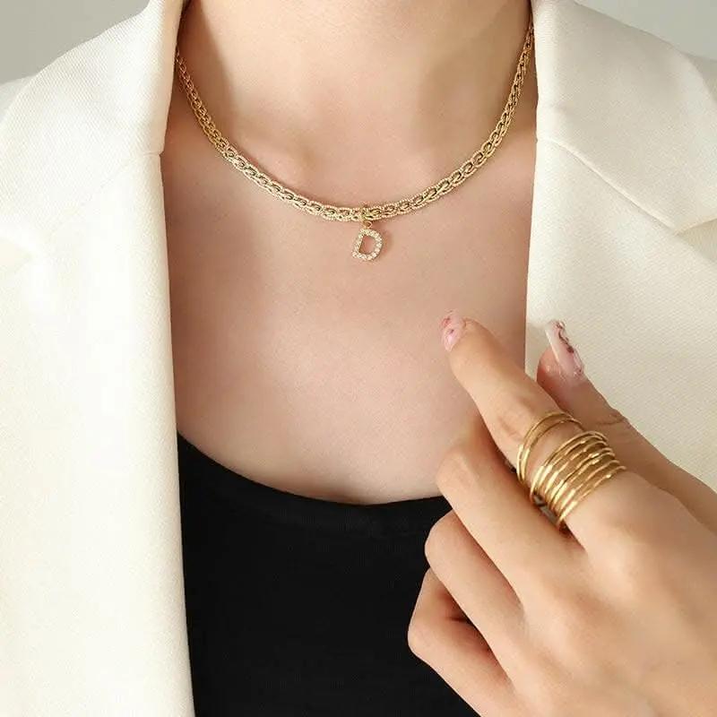 T-Shirts Trendsi Necklaces - Brass zircon letter pendant necklace
