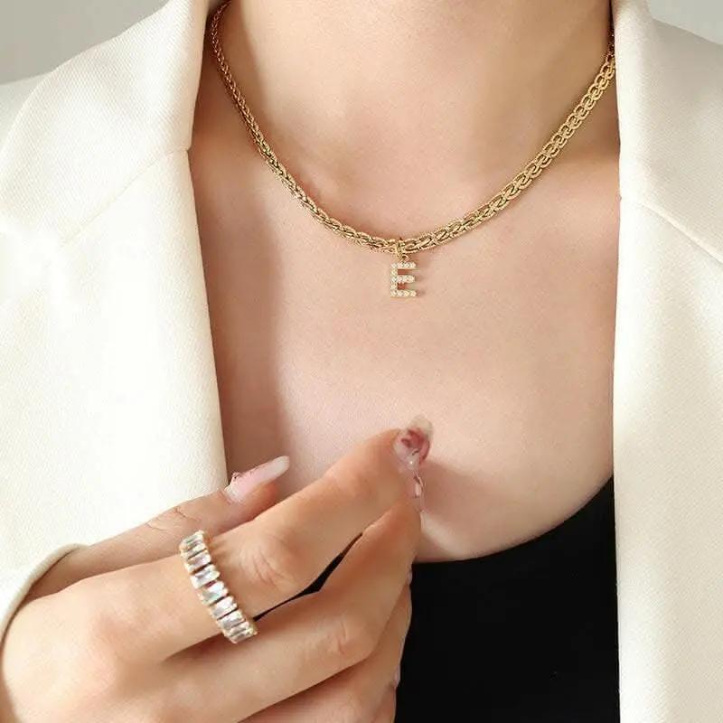 T-Shirts Trendsi Necklaces - Brass zircon letter pendant necklace