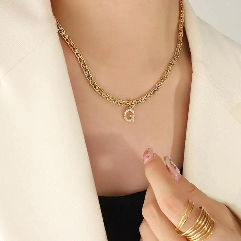 T-Shirts Trendsi Necklaces - Brass zircon letter pendant necklace