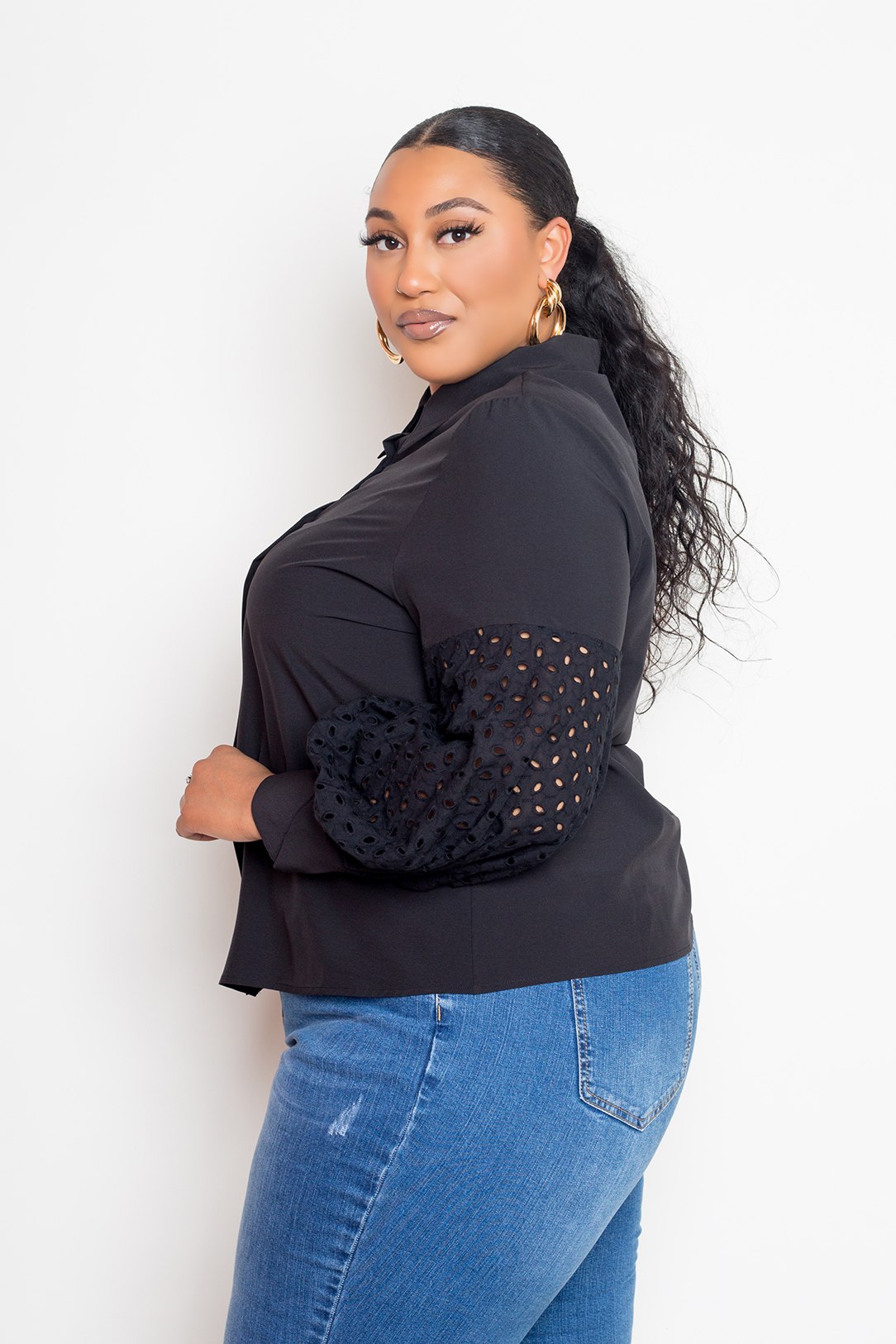 Plus Size Blouse With Punched Sleeves