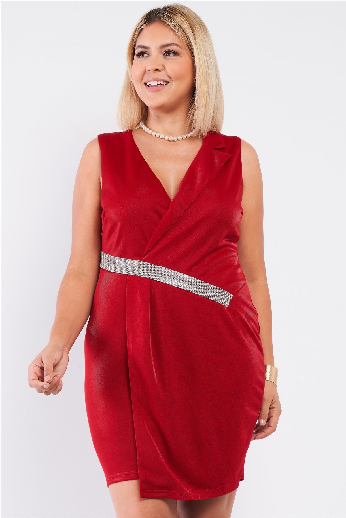 Red Plus Size Sleeveless V-neck Wrap Rhinestones Detail Dress