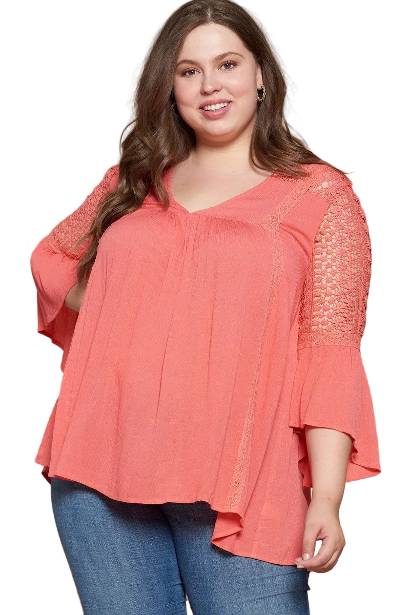 Solid Woven Babydoll Blouse in Coral