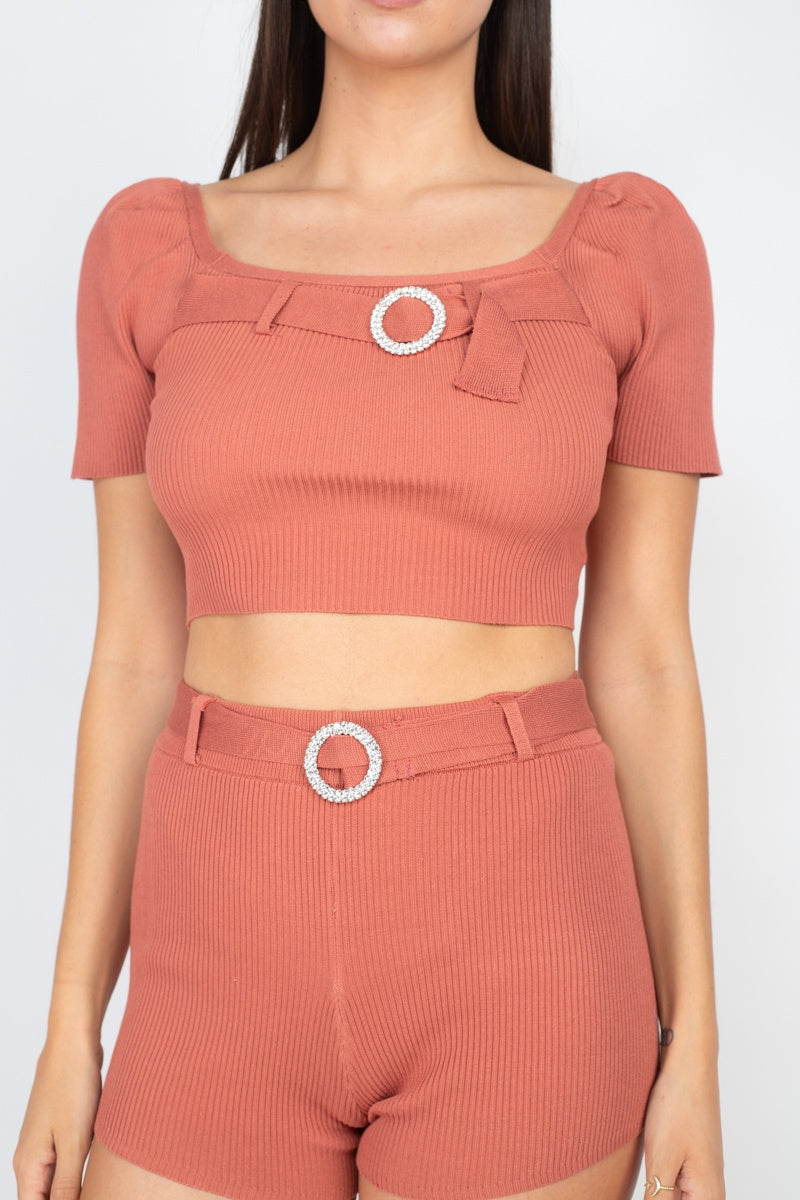 Scoop Neck Crop Top And Ribbed Shorts - Sale