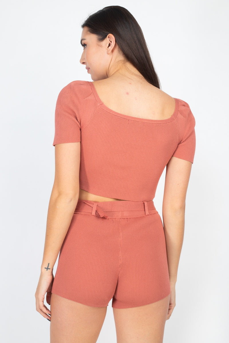 Scoop Neck Crop Top And Ribbed Shorts - Sale