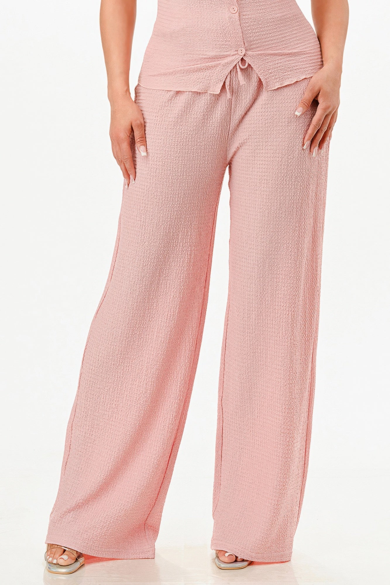 Size Large Pink Textured Polo Top And Pants Set