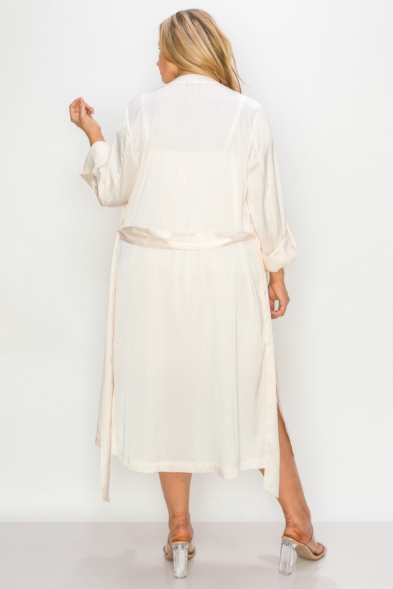 Satin Strap Dress With Self Belt Coat Set