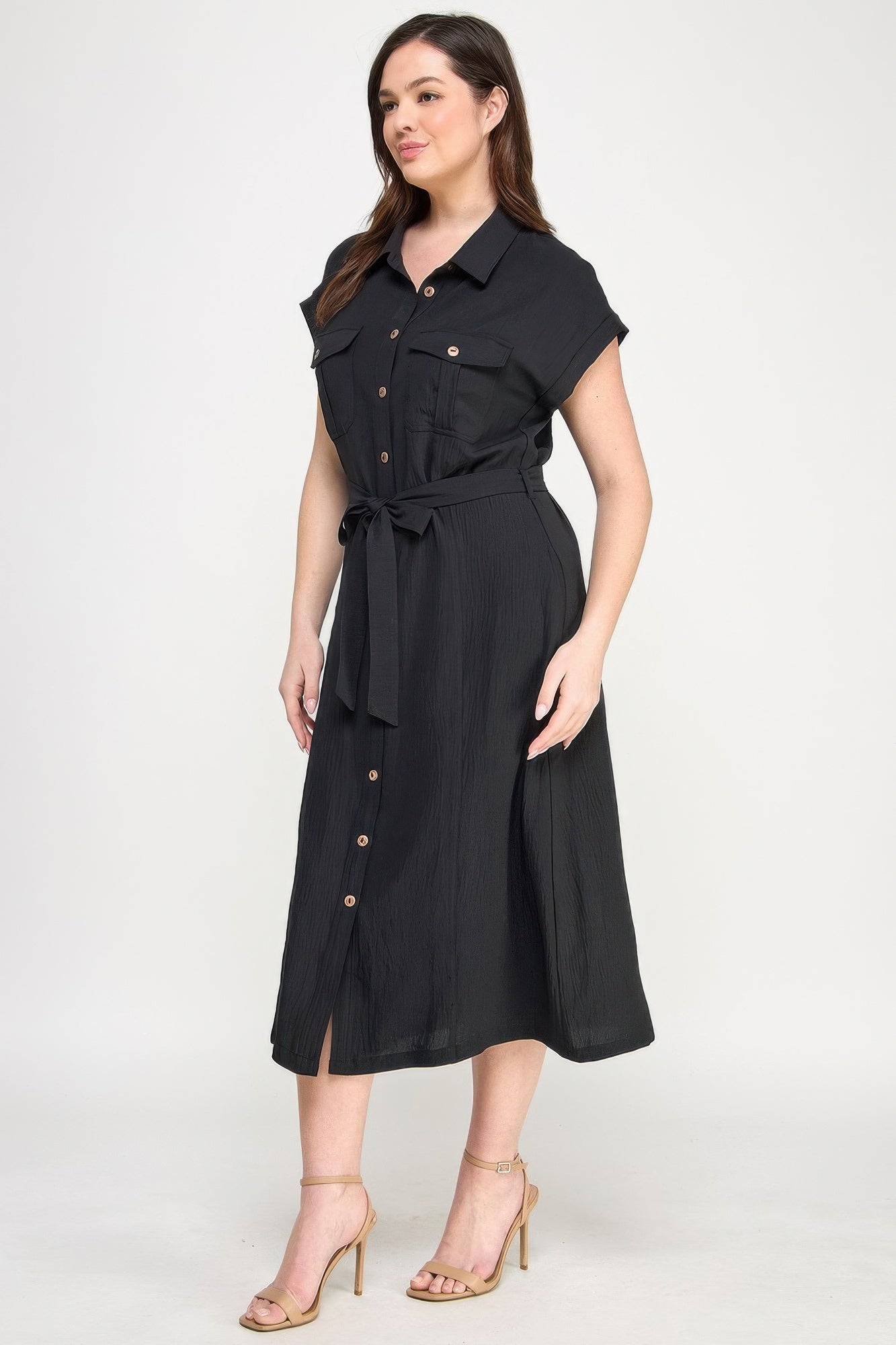 Front Tied Buttoned Short Sleeve Dress