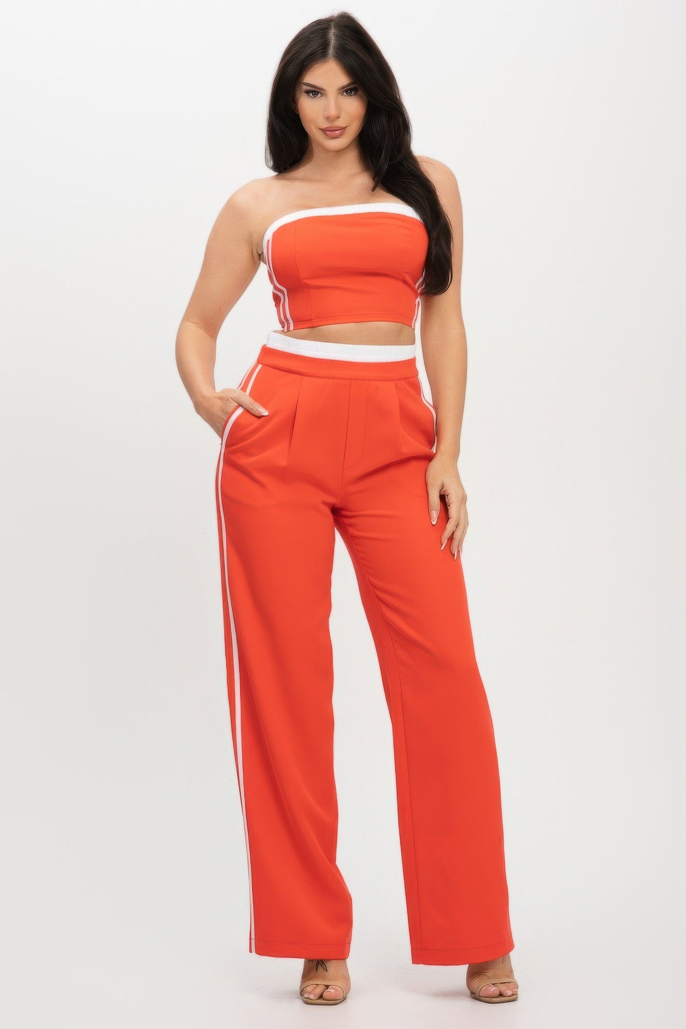 Stripe Tapping Contrast Elastic Band Toppants Set