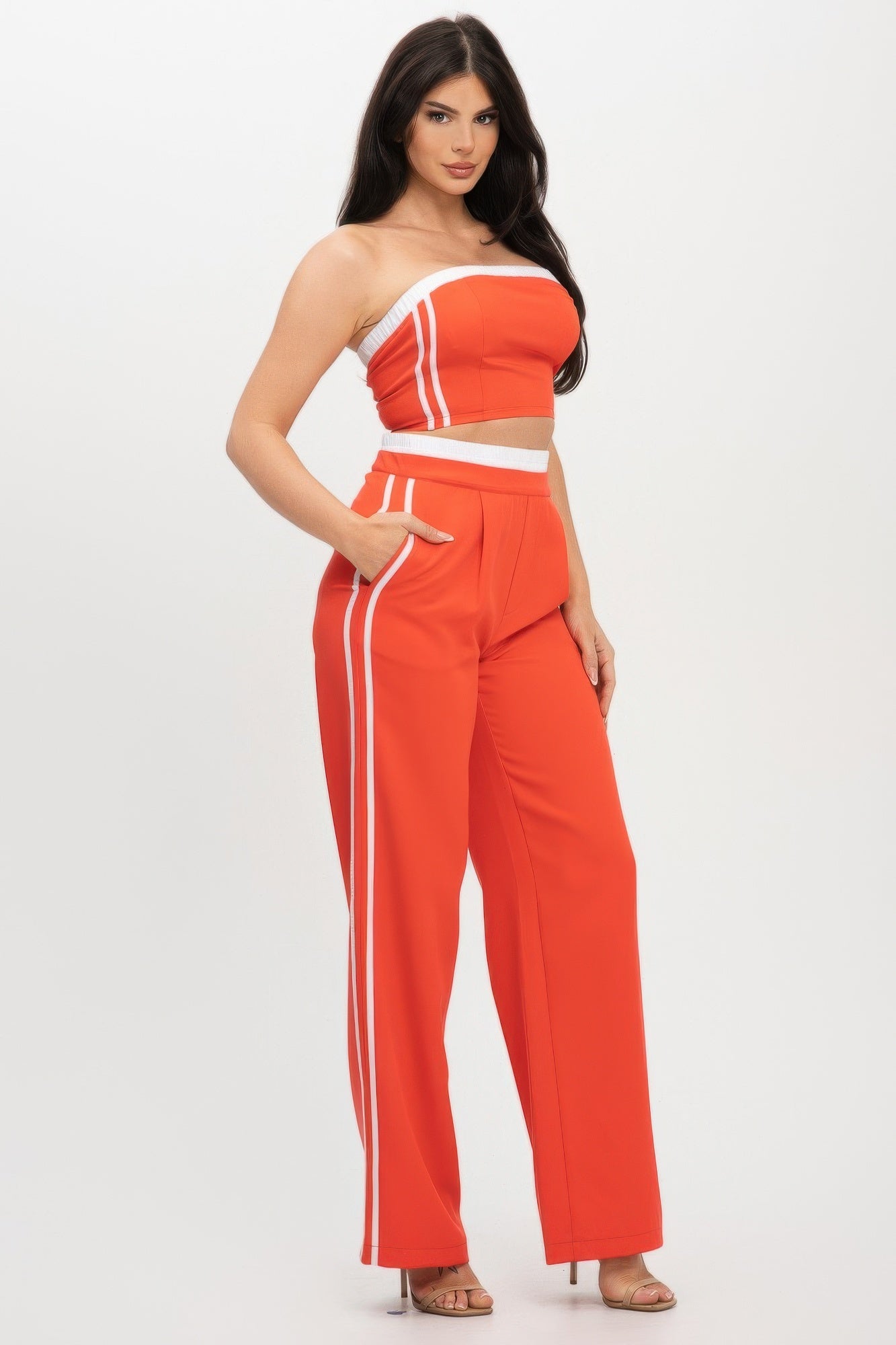 Stripe Tapping Contrast Elastic Band Toppants Set