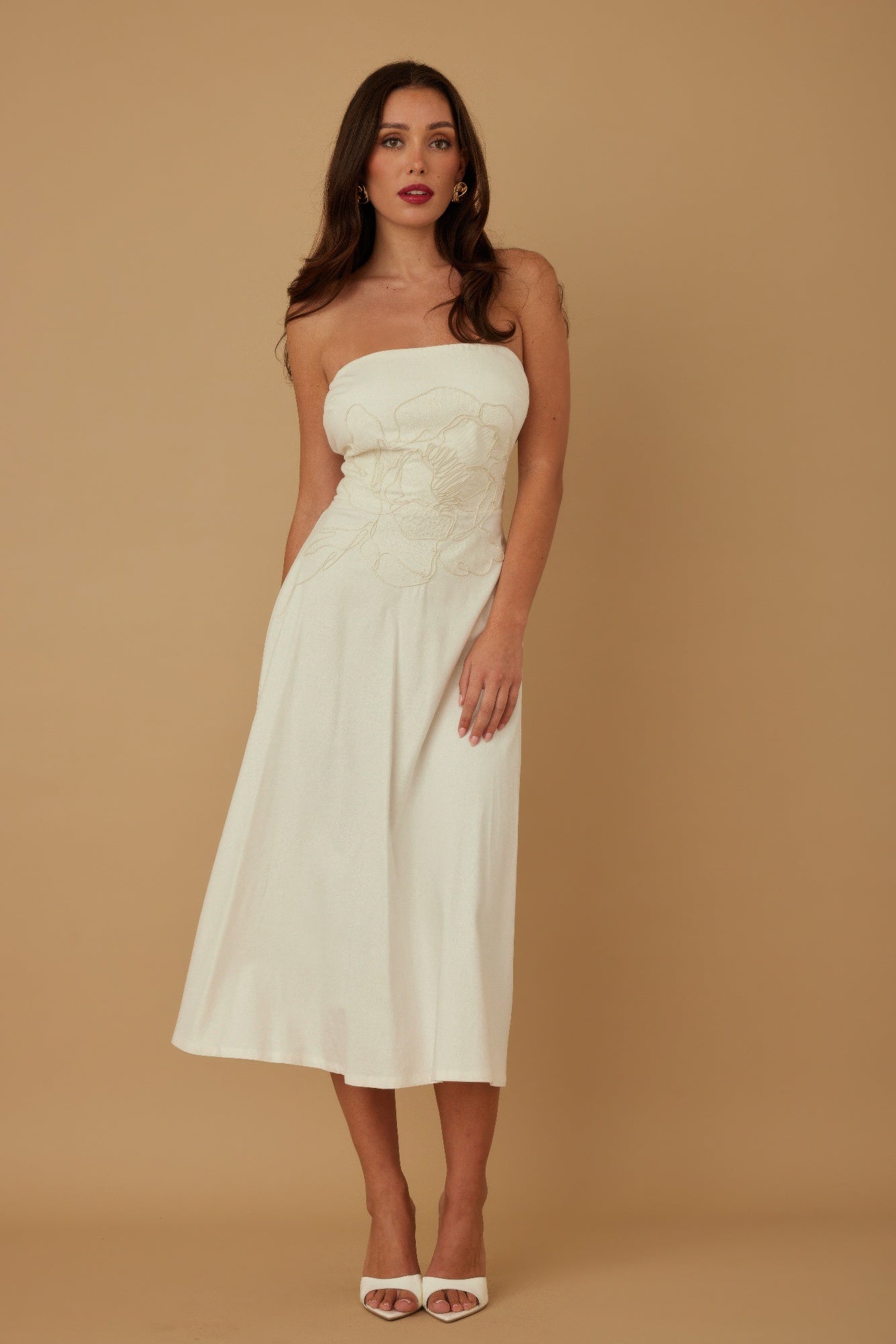 Linen Flower Pattern Strapless Dress