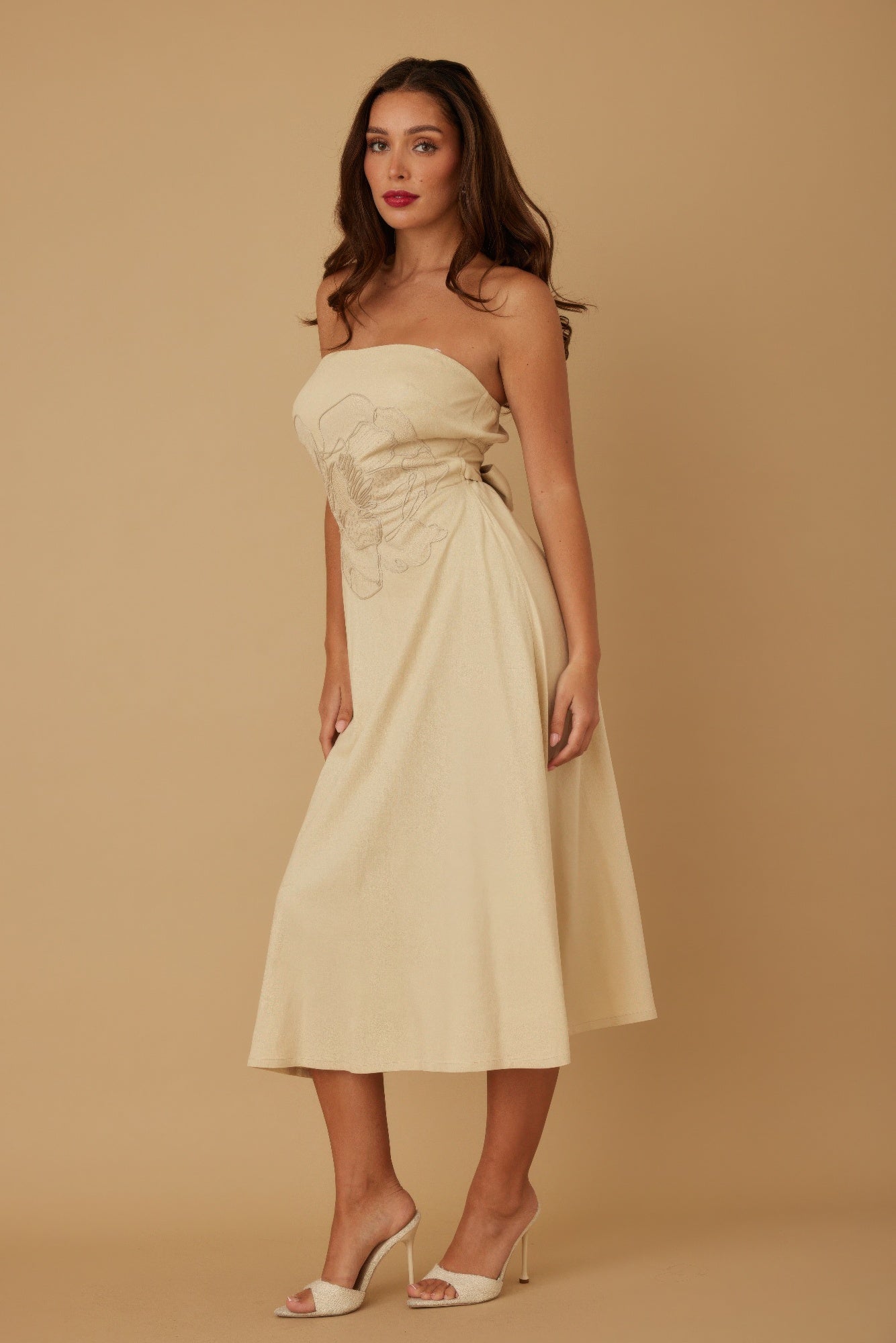 Linen Flower Pattern Strapless Dress