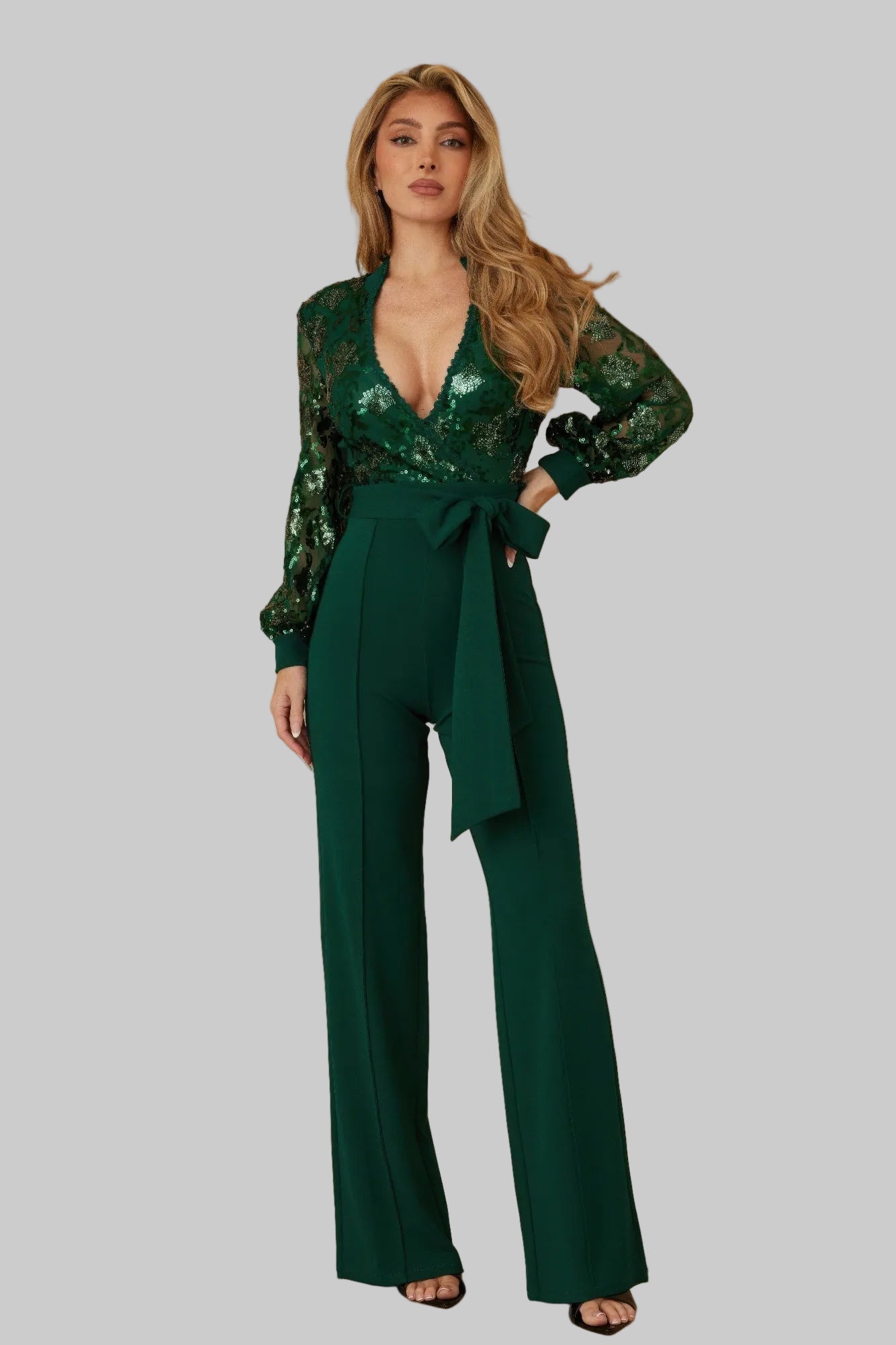 Flower Vein Sequin Print Jumpsuit