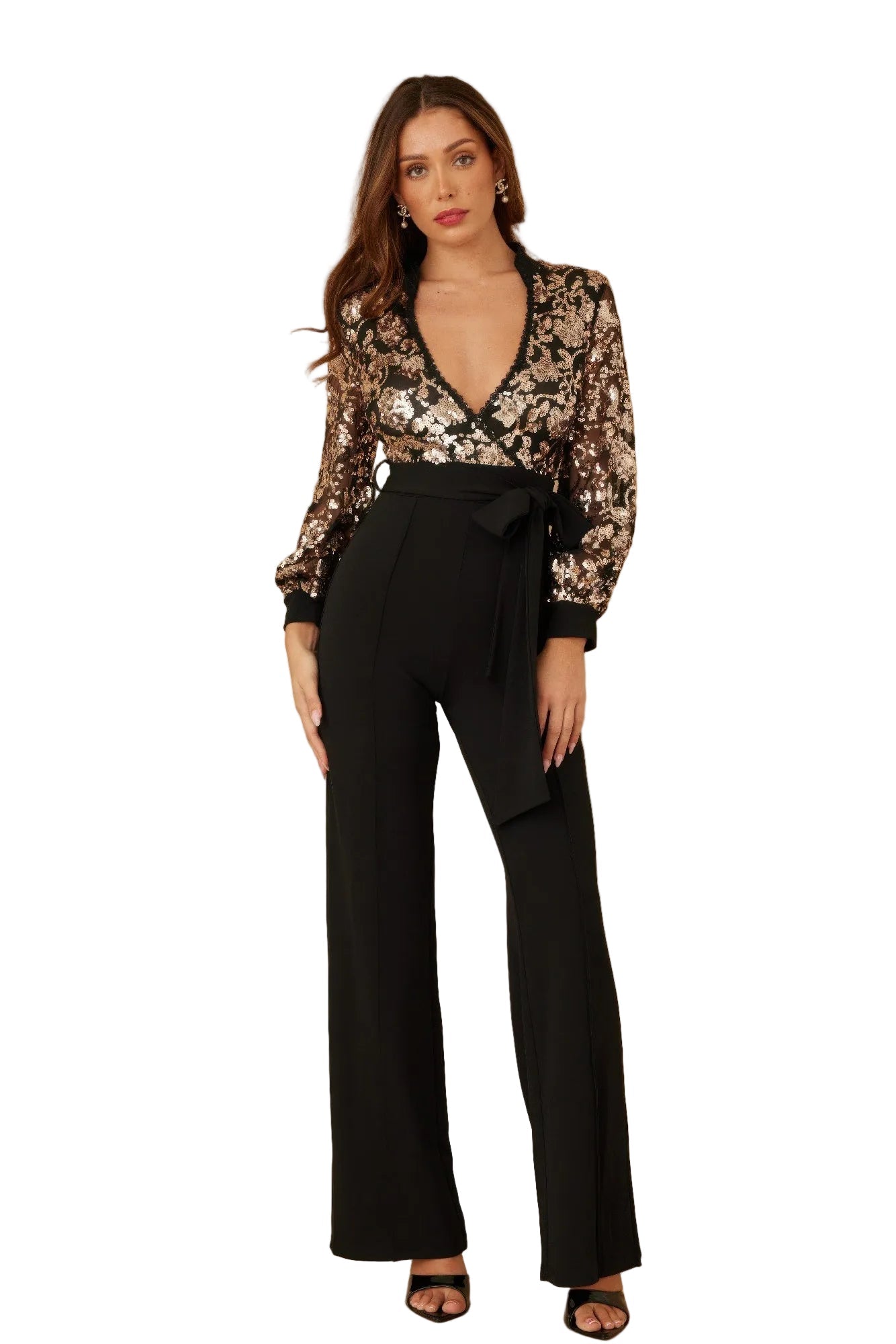 Flower Vein Sequin Print Jumpsuit