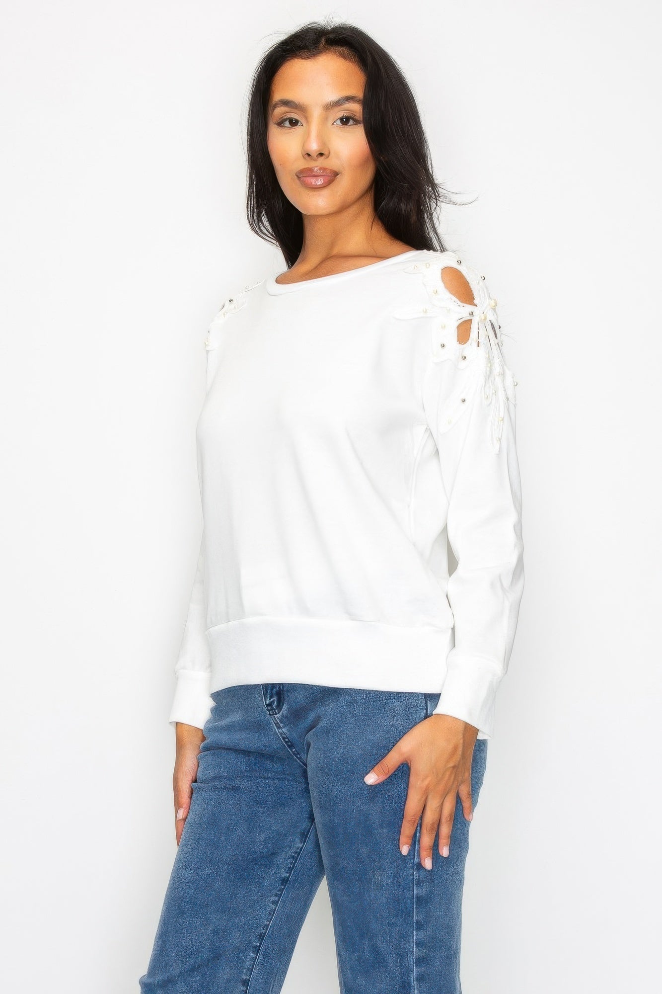Solid Pear Bead Flower Patch Cut Out Sweatshirt