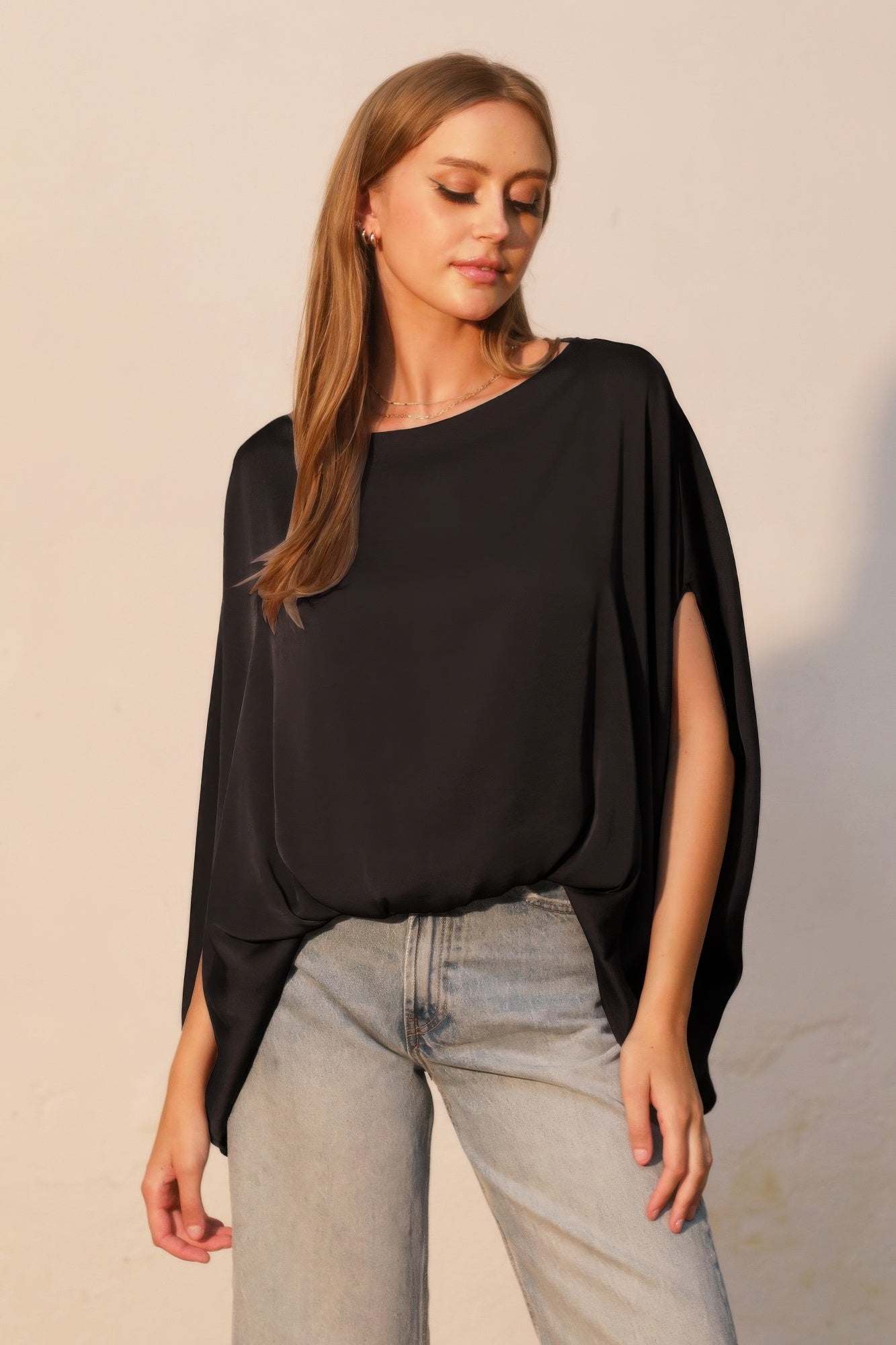 Washed Poly Silk Boat Neck Caftan Top