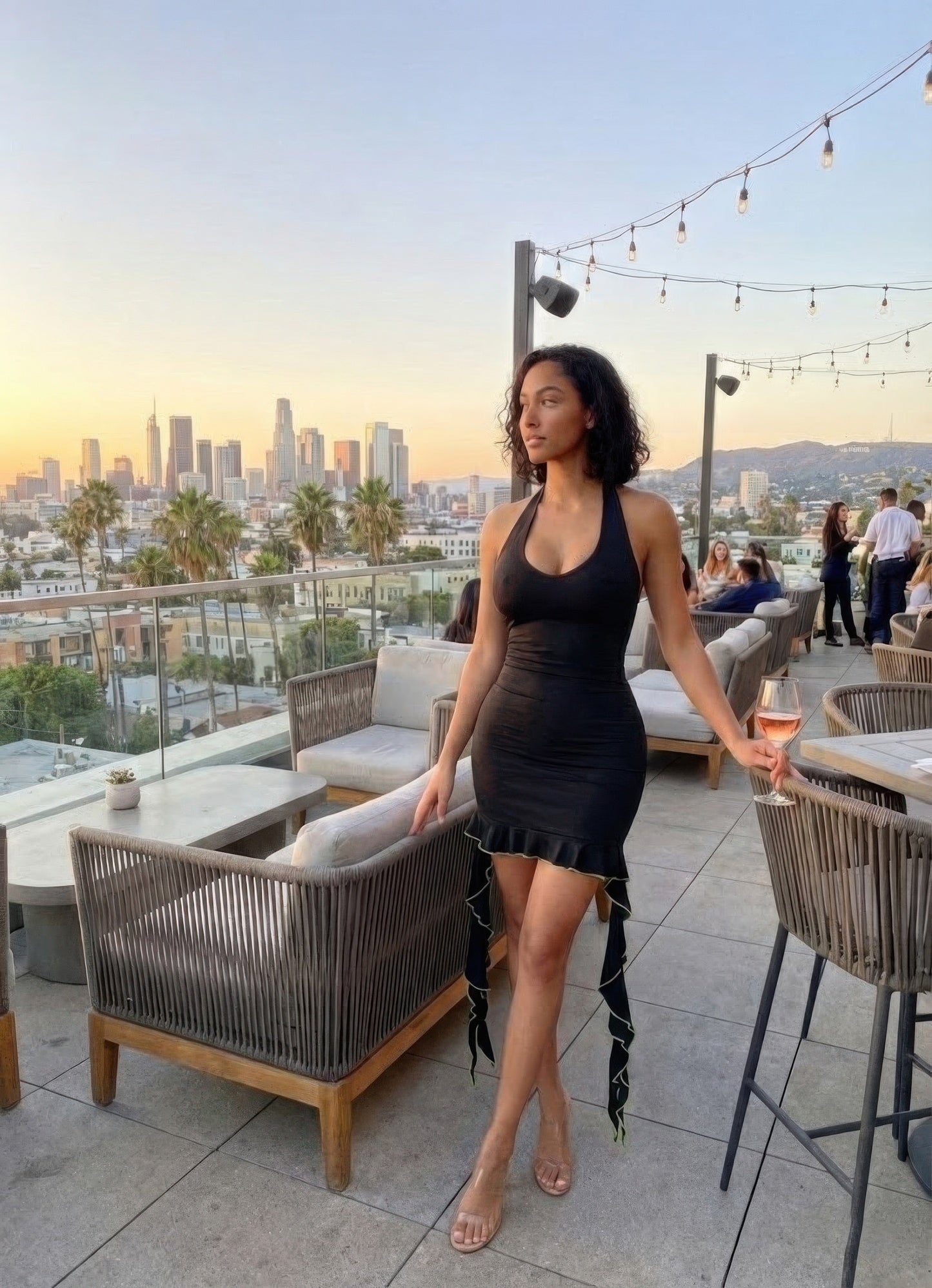 Solid Color Deep V Neck Mini Dress With Ruffle