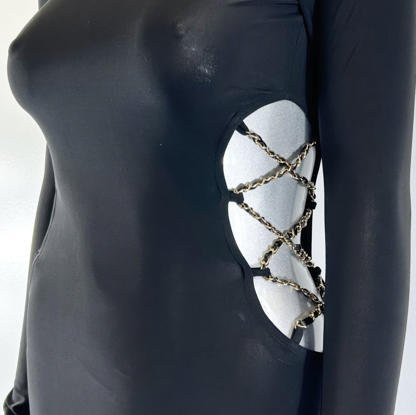 Long Sleeve, High Neck Design Chanel Chain Detail