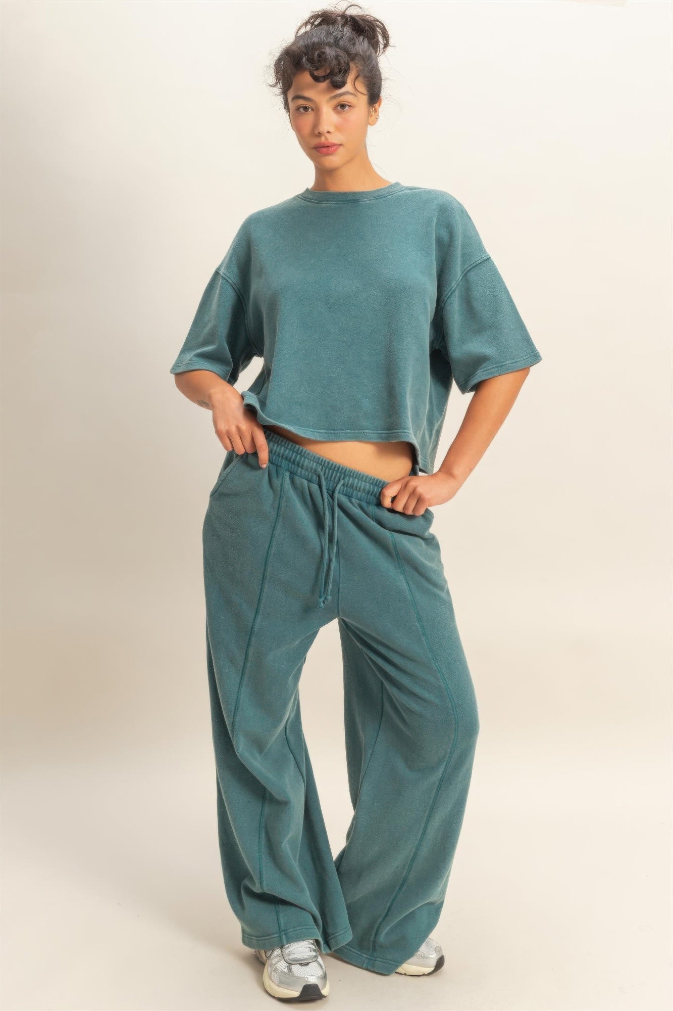 Acid Wash French Terry Wide-leg Pants