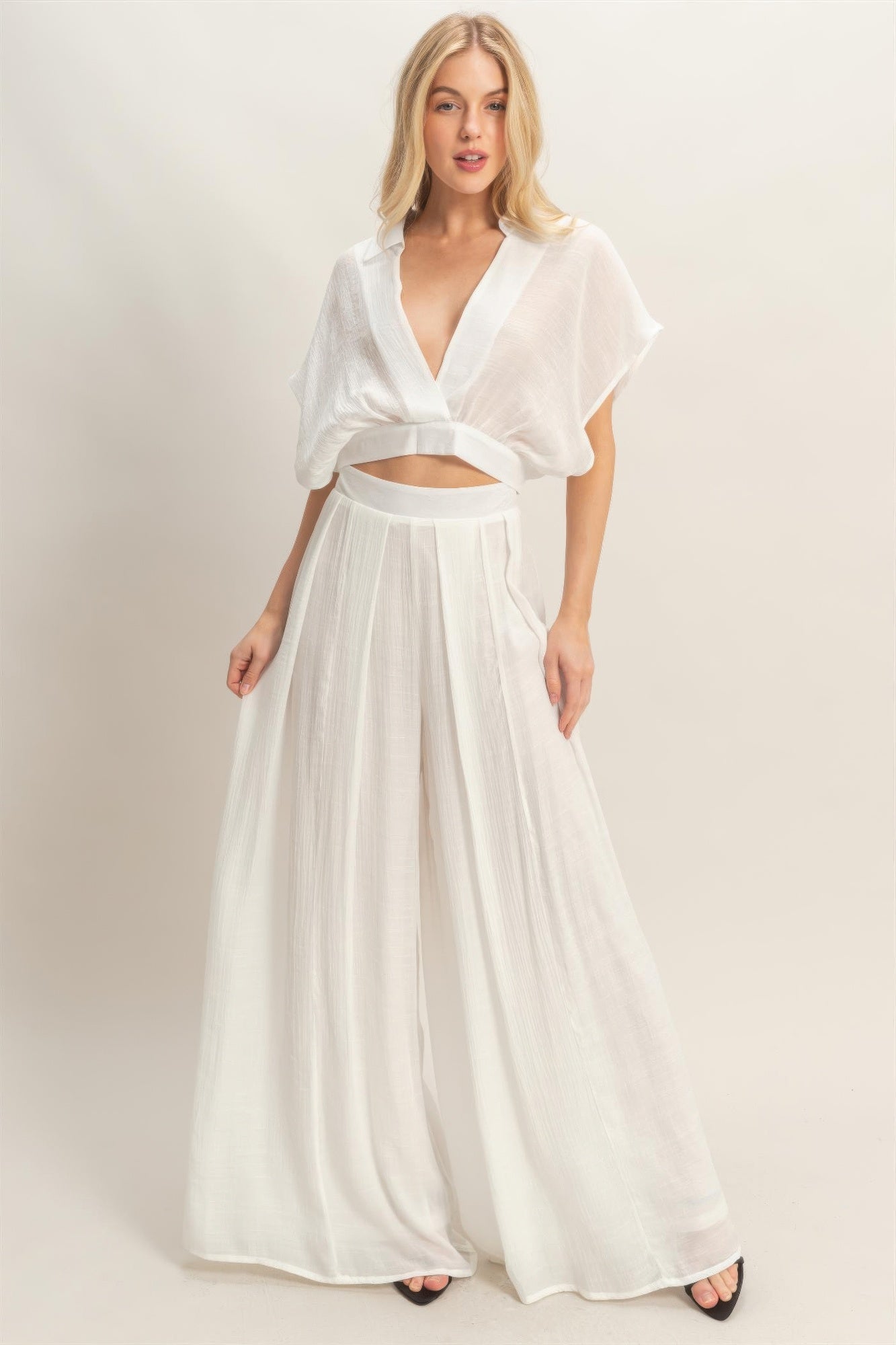 Collared Wrap Top & Wide-leg Pants Set