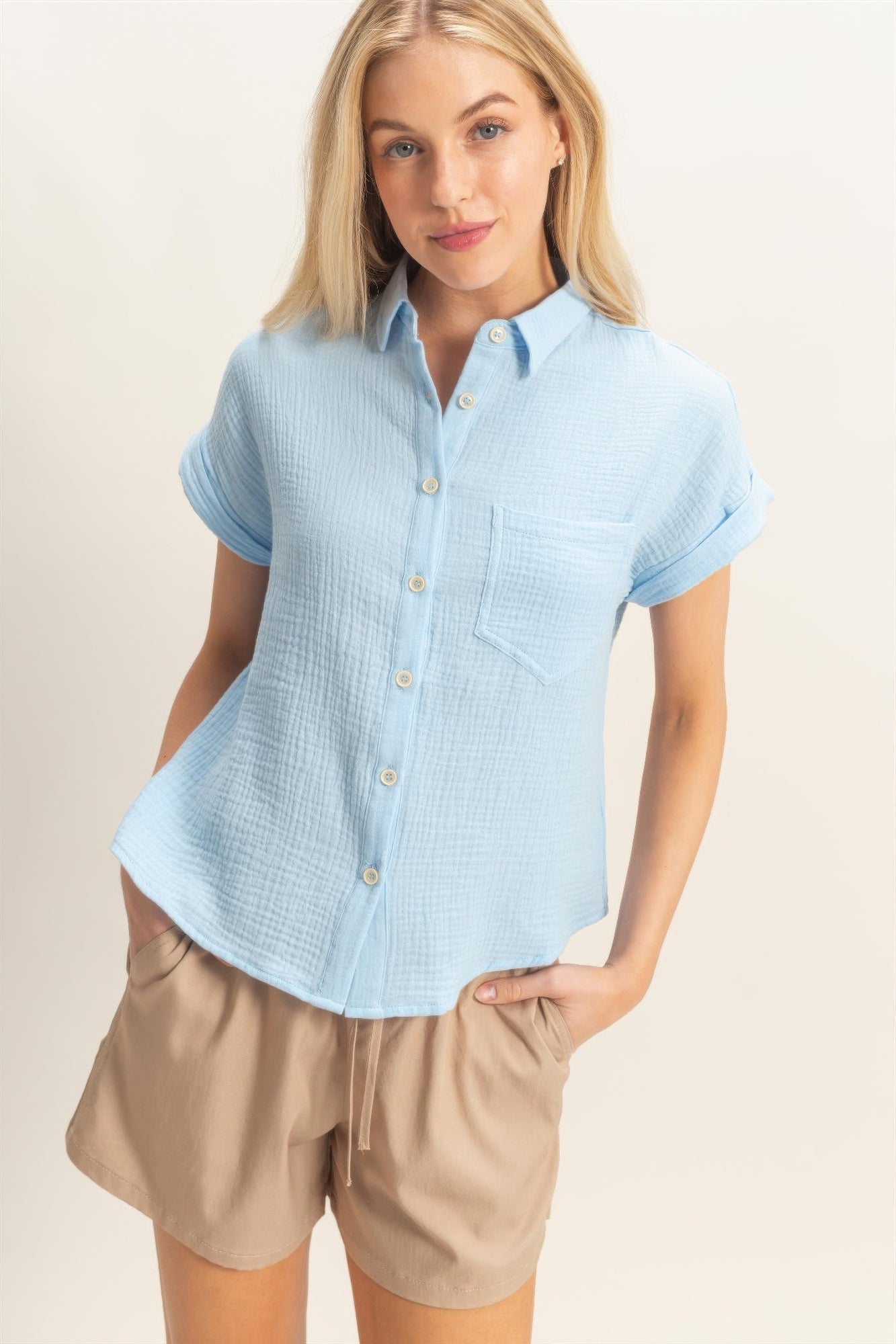 Rolled Sleeve Button-up Top