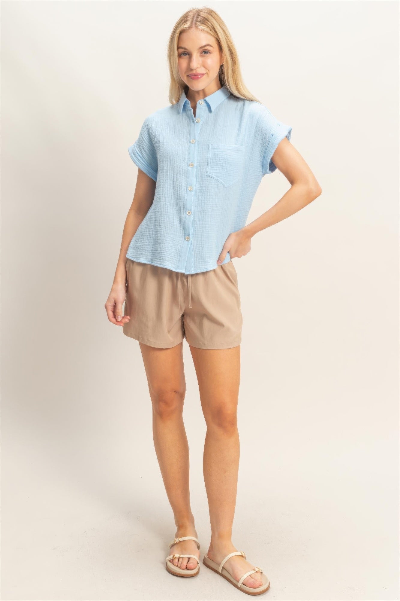Rolled Sleeve Button-up Top