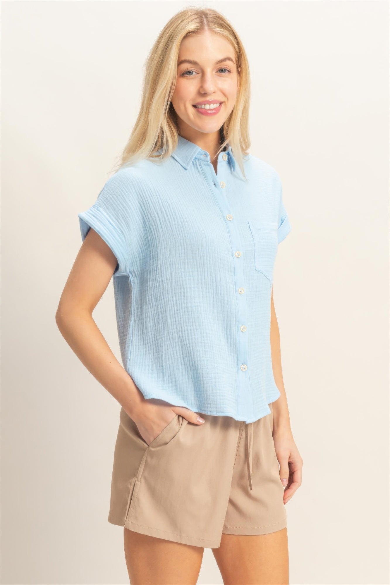 Rolled Sleeve Button-up Top