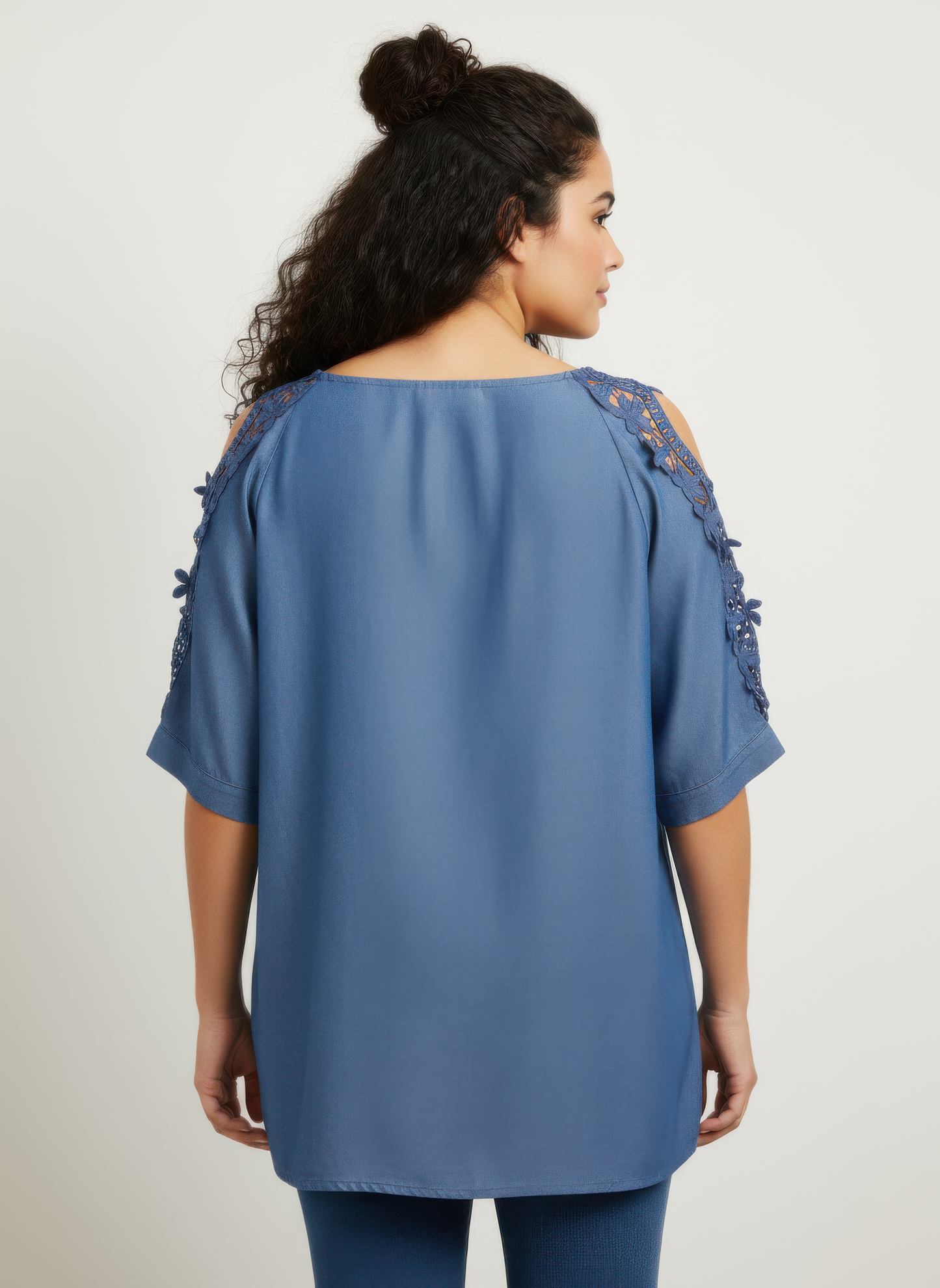 Lace Sleeve Chambray-inspired Knit Top