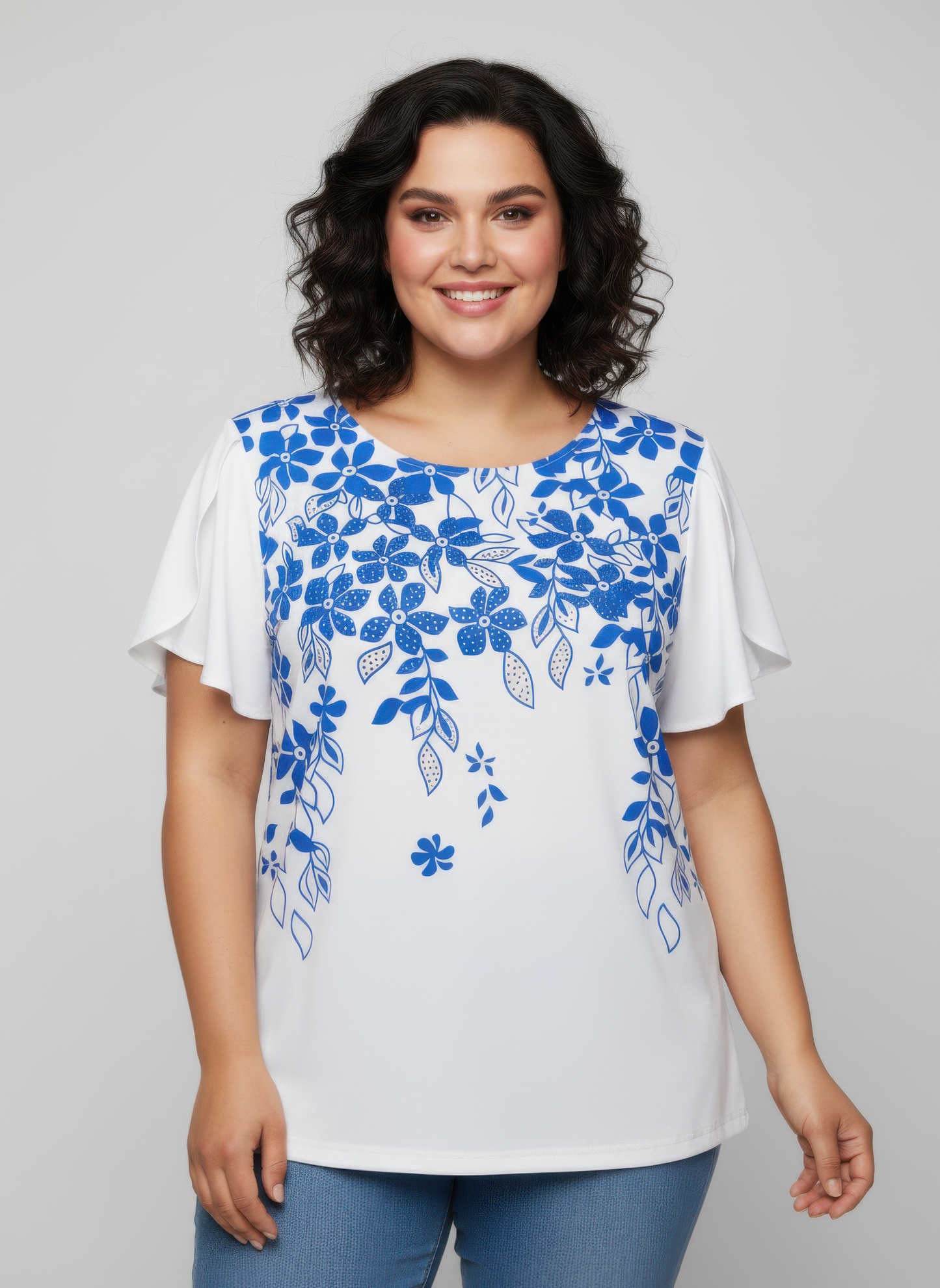 Floral Print Flutter Sleeve Knit Top