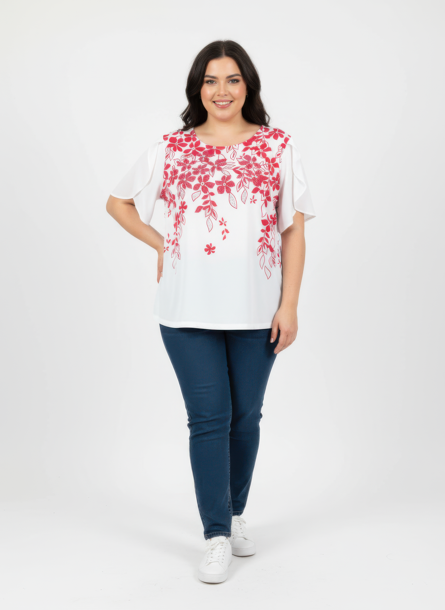 Floral Print Flutter Sleeve Knit Top