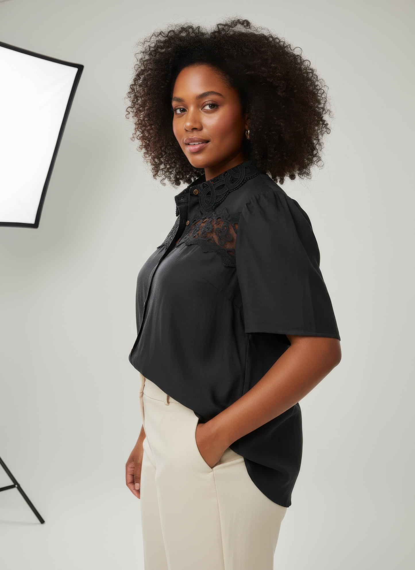 Lace Panel Button-front Collared Blouse