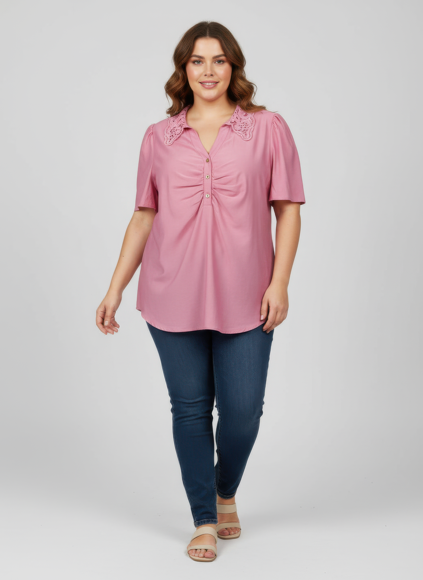 Lace Collar Button Detail Flutter Sleeve Top