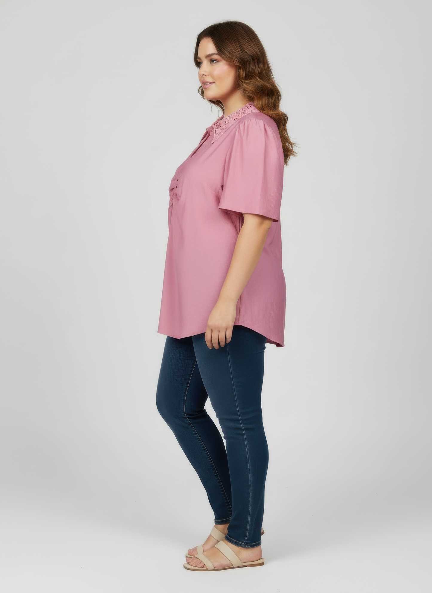 Lace Collar Button Detail Flutter Sleeve Top
