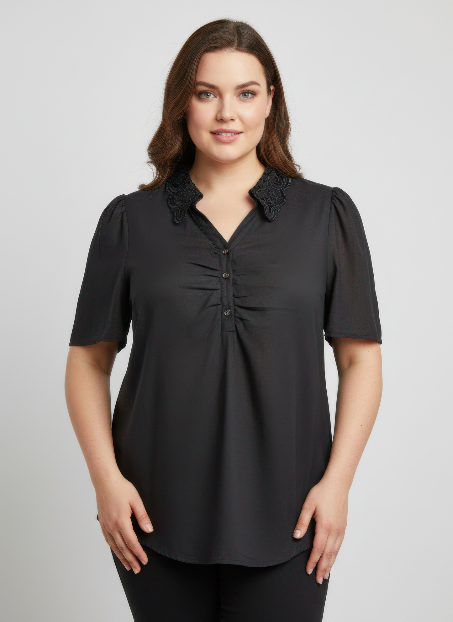 Lace Collar Button Detail Flutter Sleeve Top