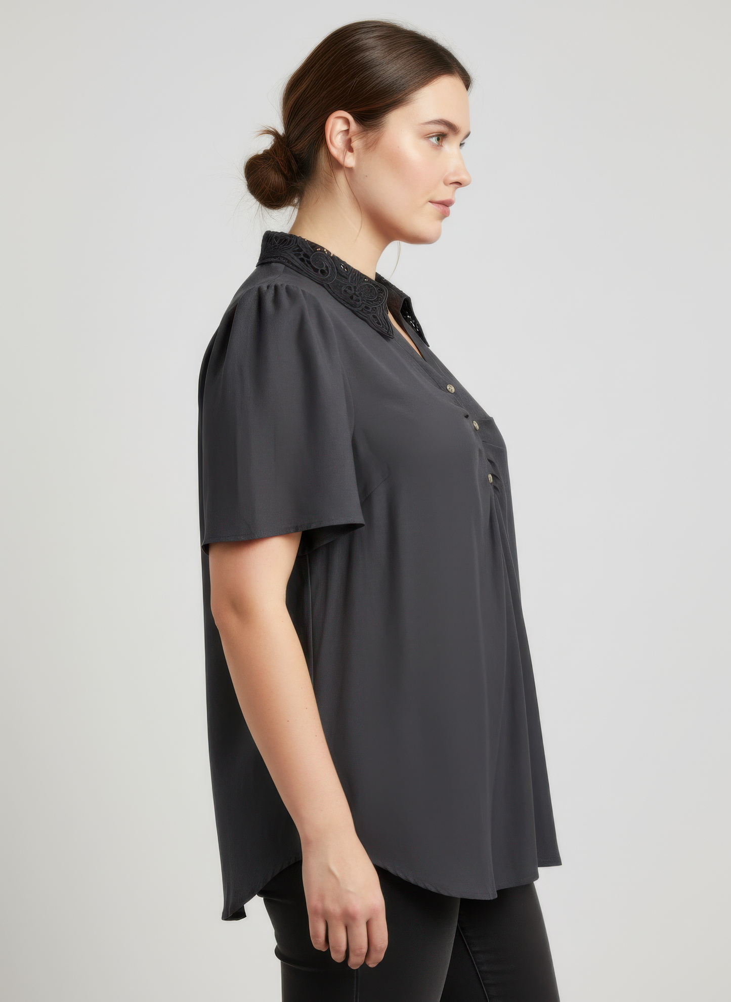 Lace Collar Button Detail Flutter Sleeve Top