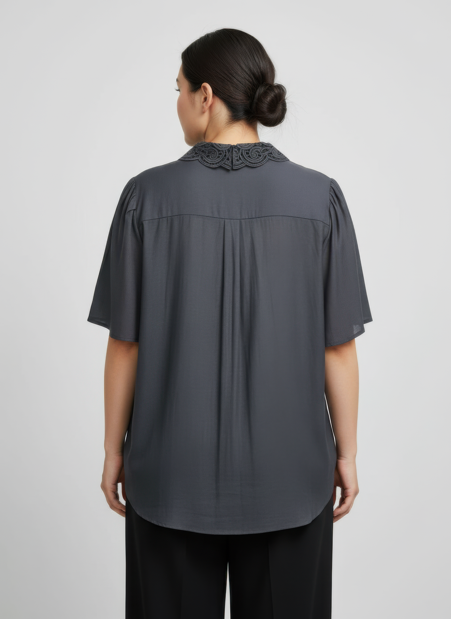 Lace Collar Button Detail Flutter Sleeve Top