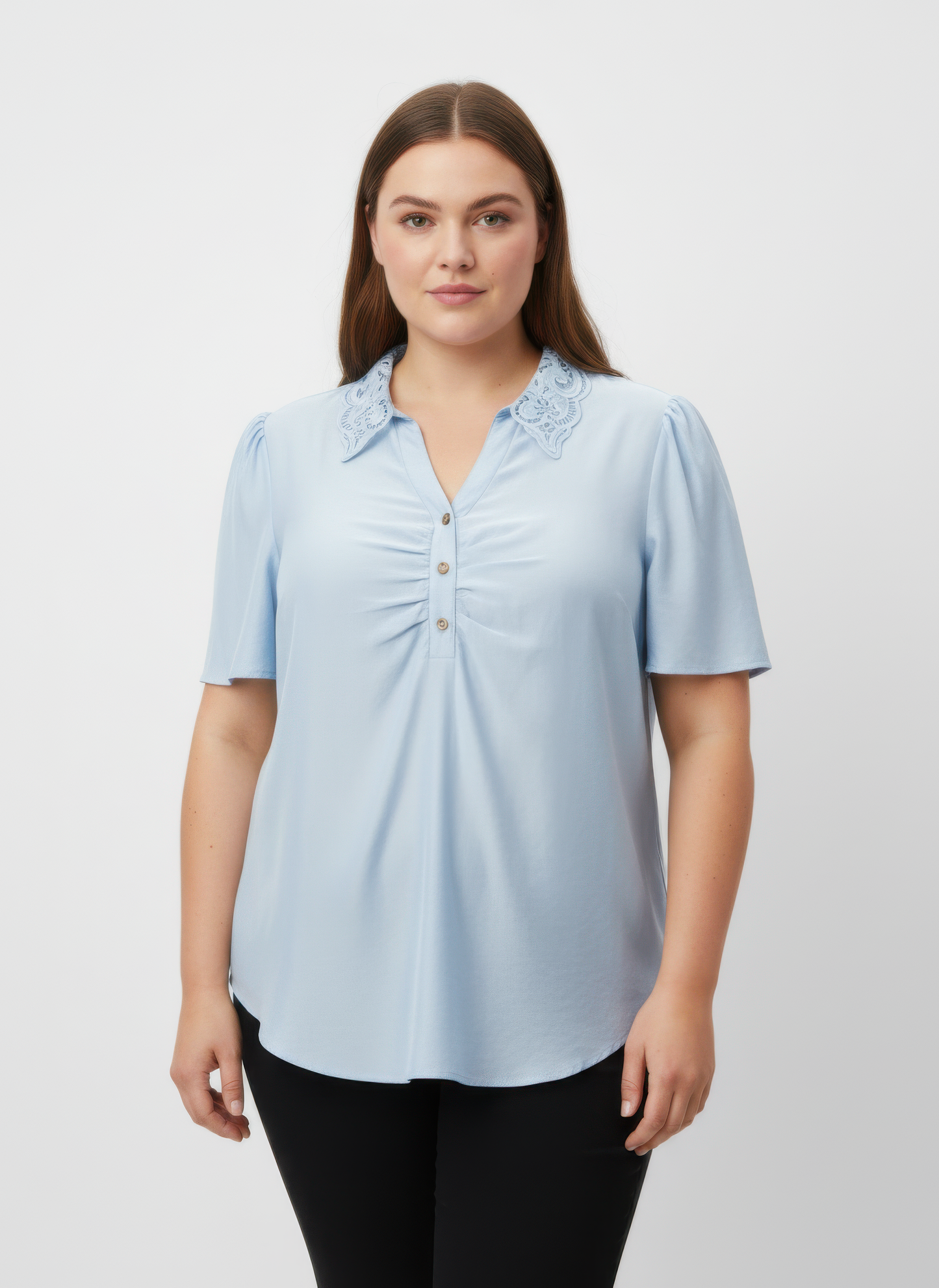 Lace Collar Button Detail Flutter Sleeve Top