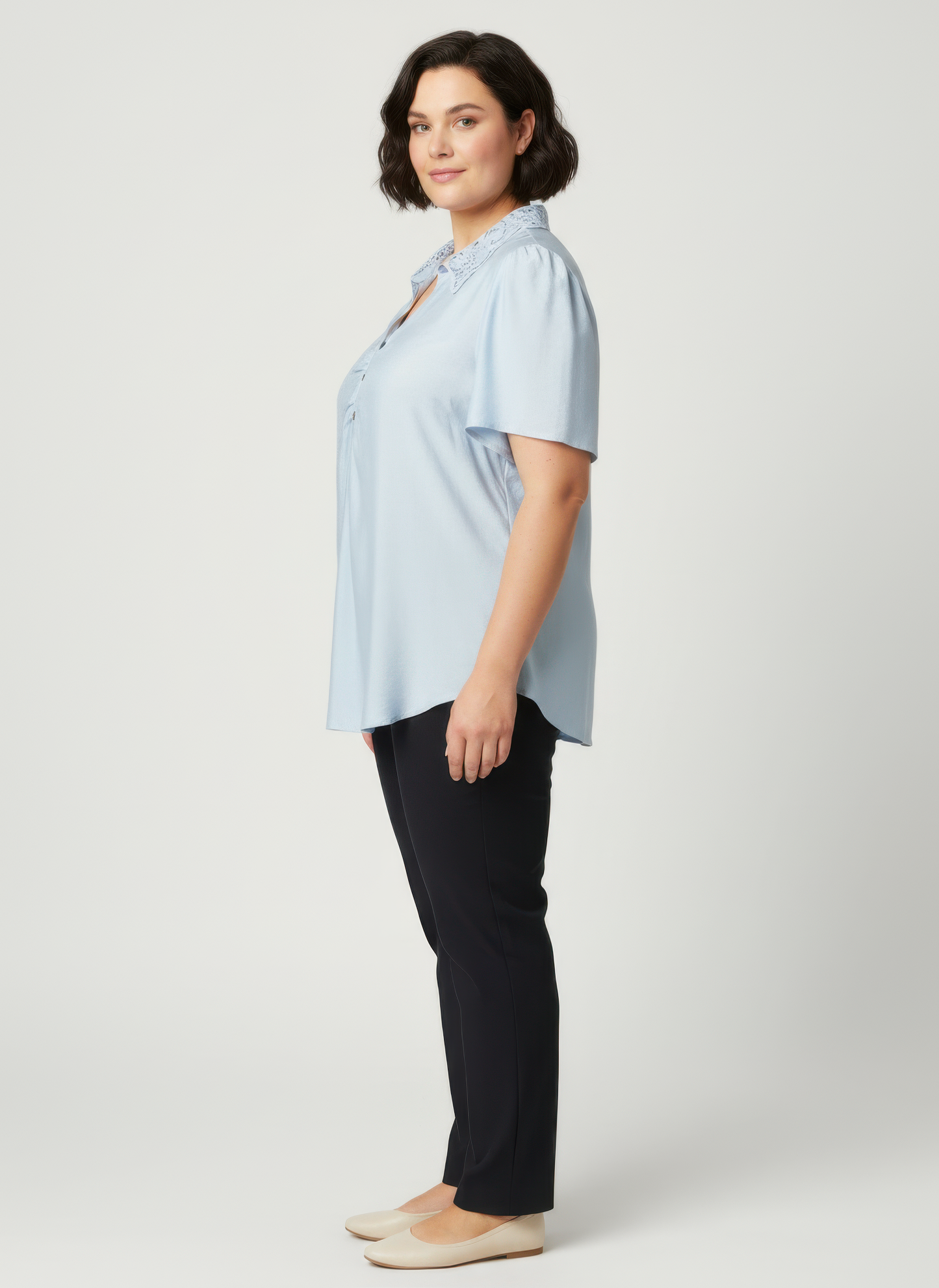 Lace Collar Button Detail Flutter Sleeve Top