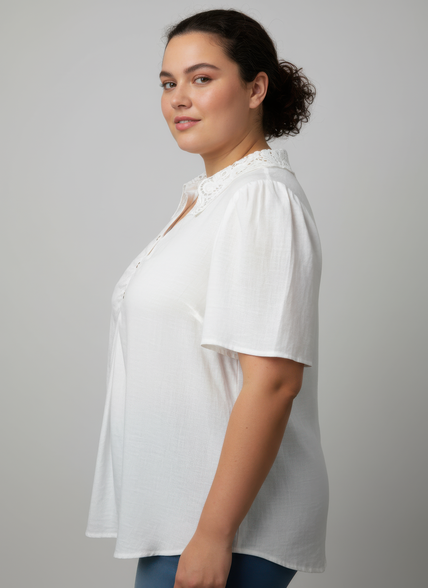 Lace Collar Button Detail Flutter Sleeve Top